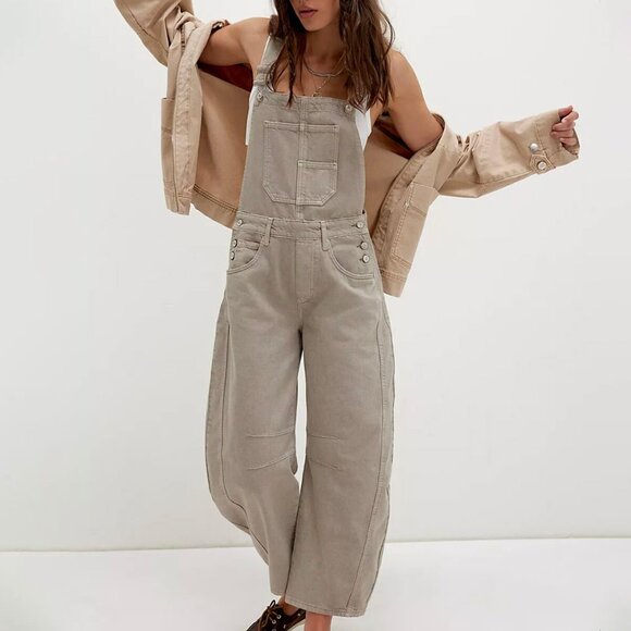 Free People Good Luck Overalls Women's Size Medium Cobblestone NWT $148 - Picture 2 of 8